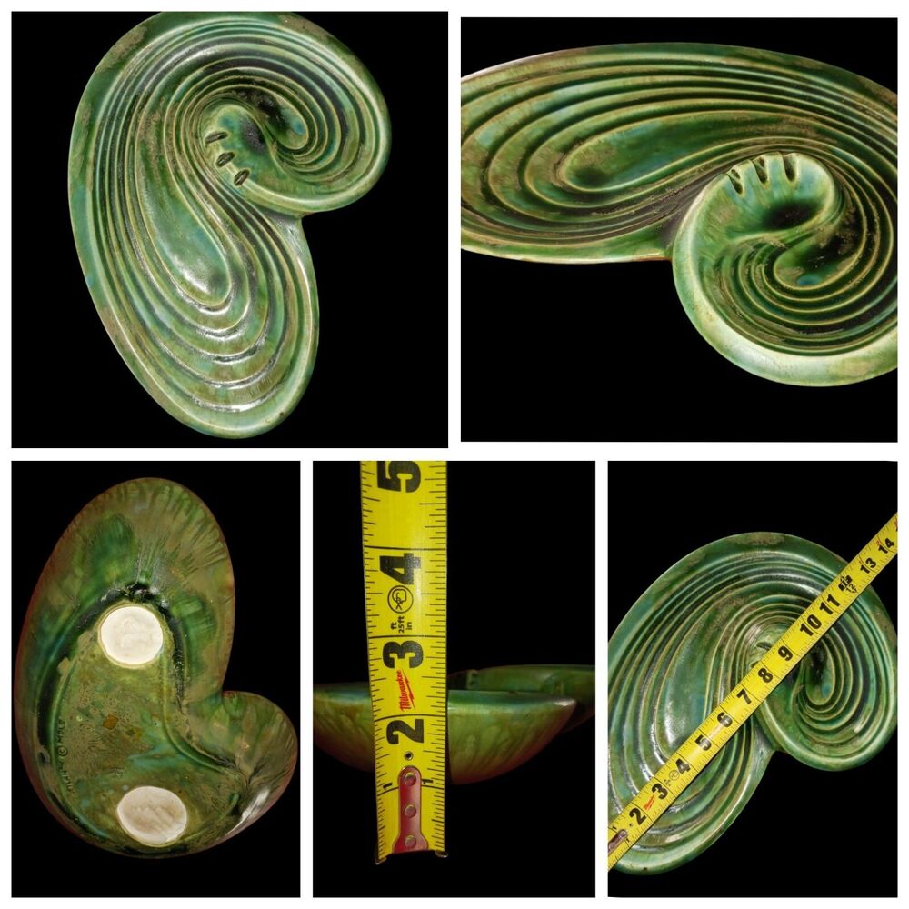Large 1970's Ceramic Abstract Freeform Drip Glazed Atlantic Mold Ashtray Green